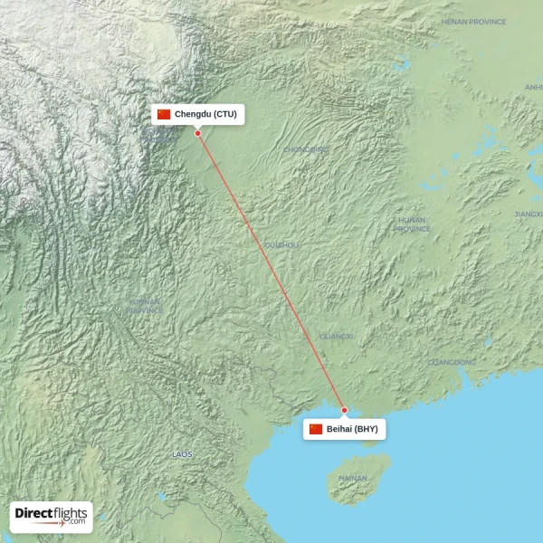 Beihai - Chengdu direct flight map