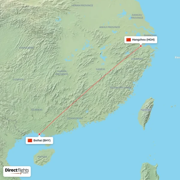 Beihai - Hangzhou direct flight map