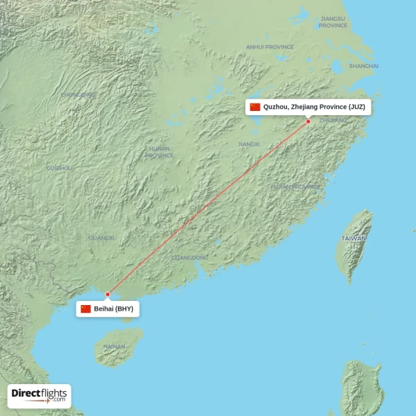 Beihai - Quzhou, Zhejiang Province direct flight map