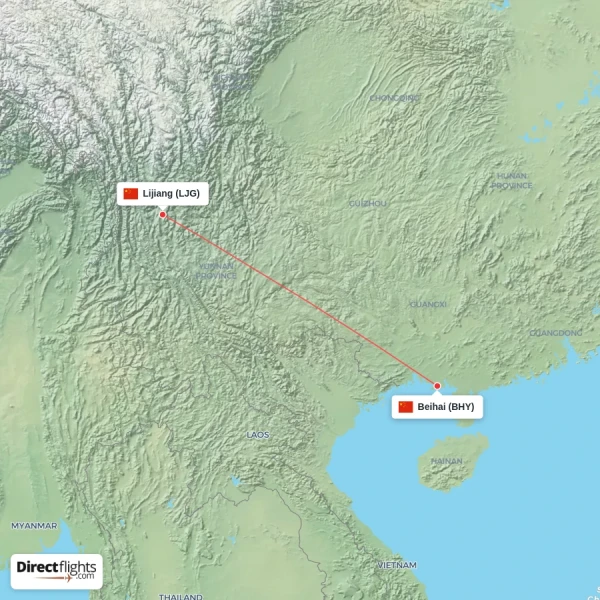 Beihai - Lijiang direct flight map