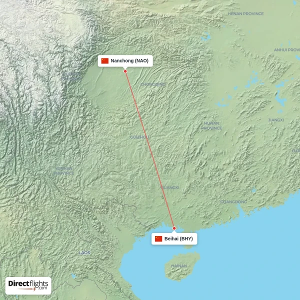Beihai - Nanchong direct flight map