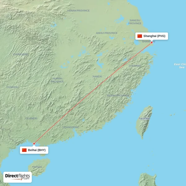 Beihai - Shanghai direct flight map