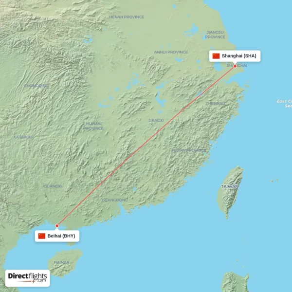 Beihai - Shanghai direct flight map