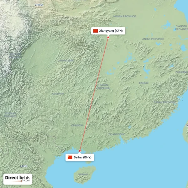 Beihai - Xiangyang direct flight map