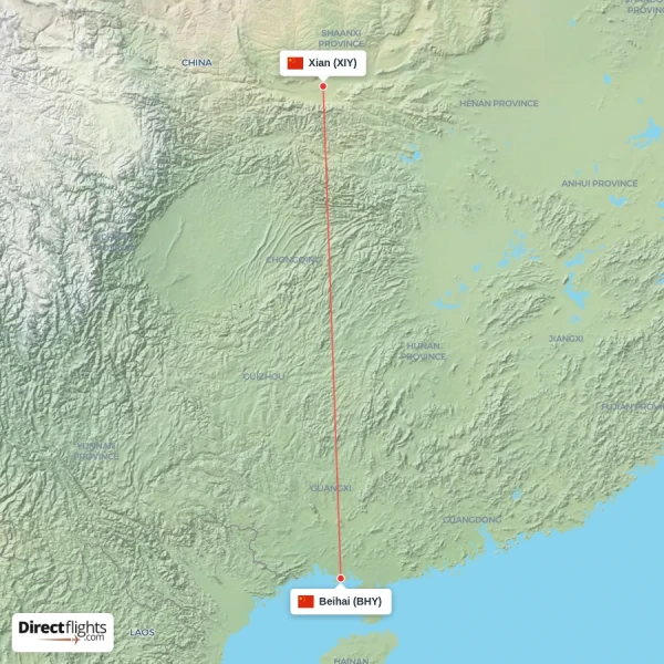 Beihai - Xian direct flight map