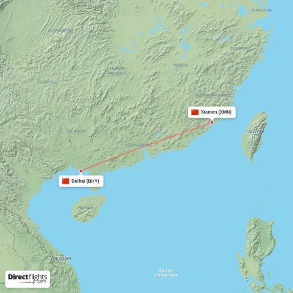 Beihai - Xiamen direct flight map