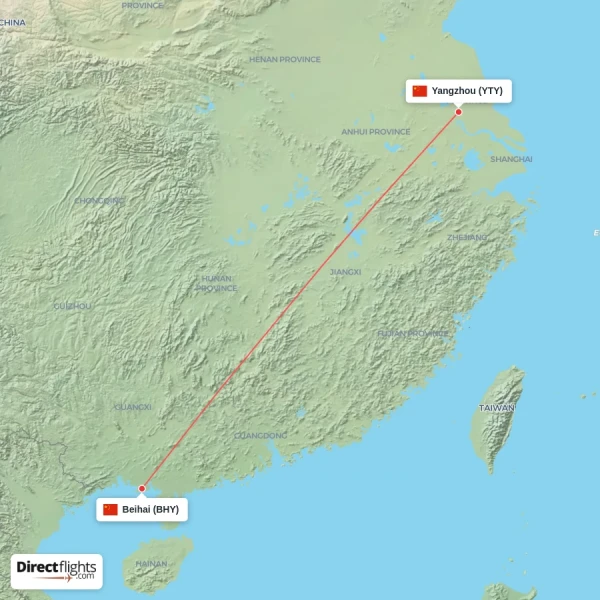 Beihai - Yangzhou direct flight map