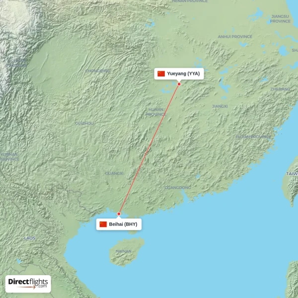 Beihai - Yueyang direct flight map