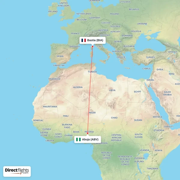 Bastia - Abuja direct flight map