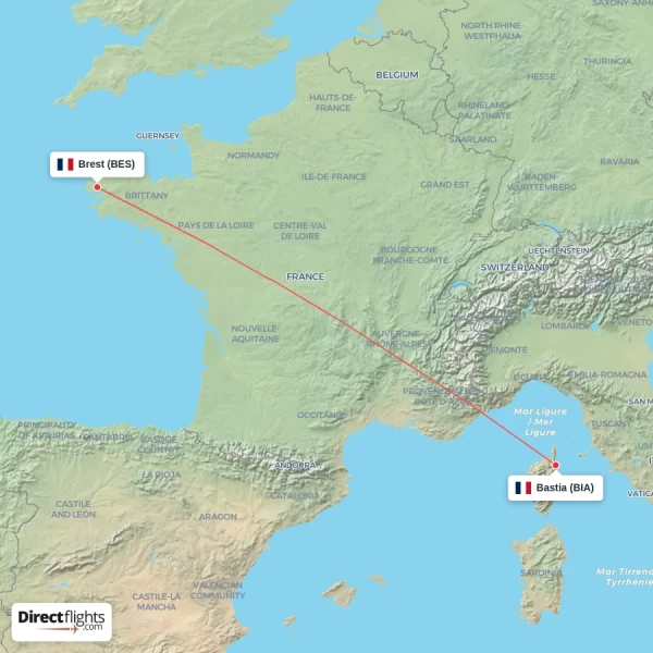 Bastia - Brest direct flight map