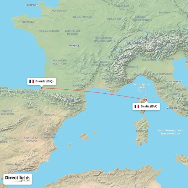 Bastia - Biarritz direct flight map