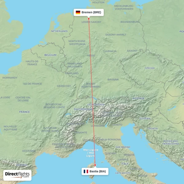 Bastia - Bremen direct flight map