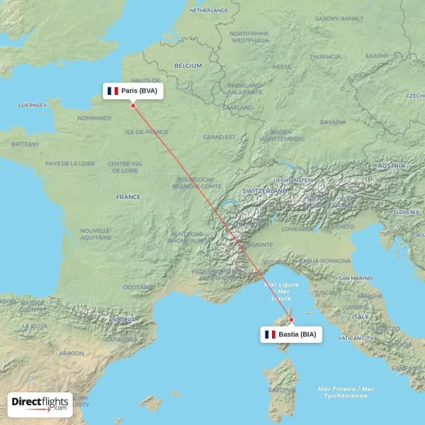 Bastia - Paris direct flight map