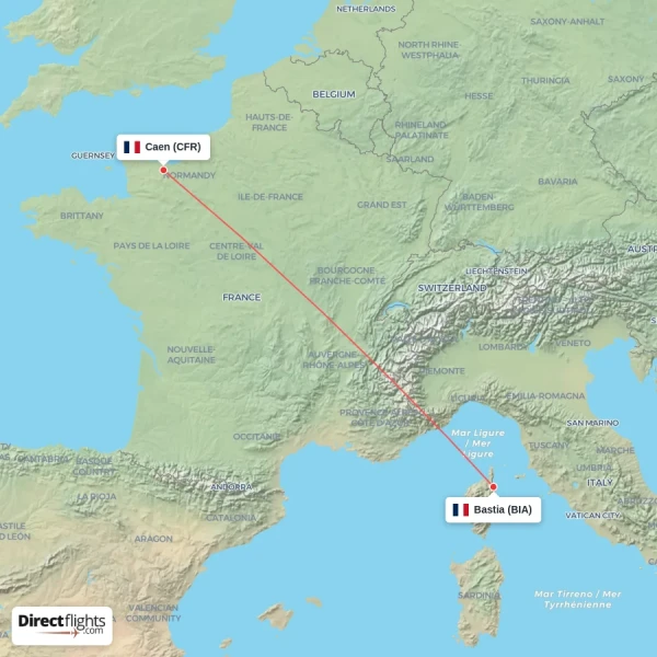 Bastia - Caen direct flight map