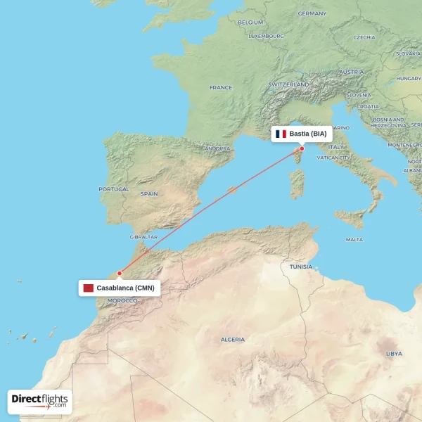 Bastia - Casablanca direct flight map