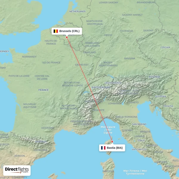 Bastia - Brussels direct flight map