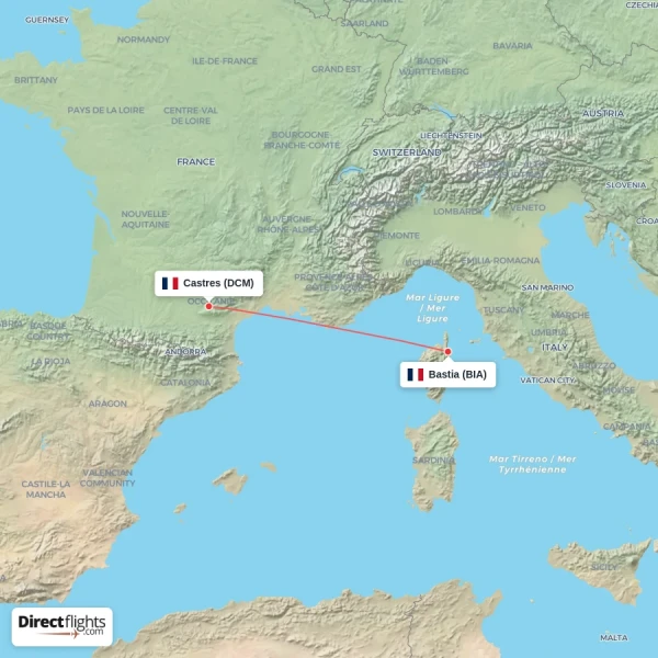 Bastia - Castres direct flight map