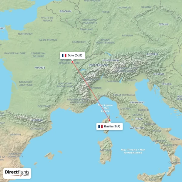 Bastia - Dole direct flight map