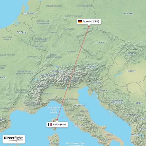 Bastia - Dresden direct flight map