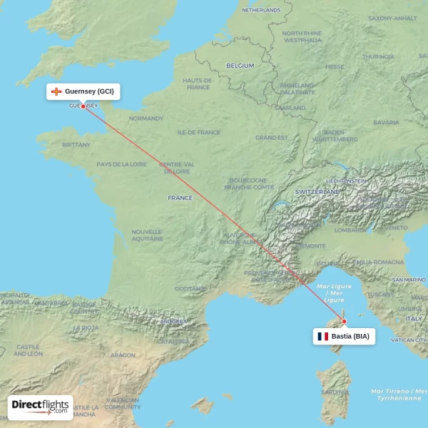 Bastia - Guernsey direct flight map