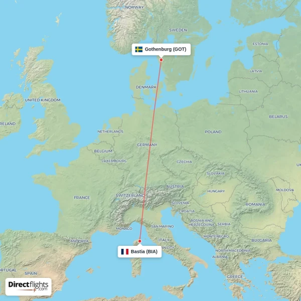 Bastia - Gothenburg direct flight map