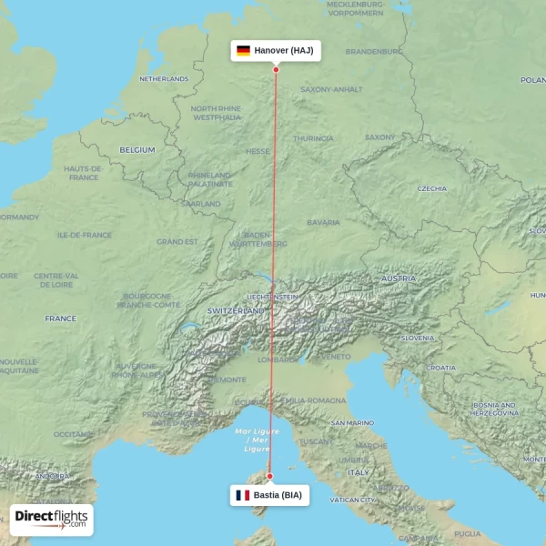 Bastia - Hanover direct flight map