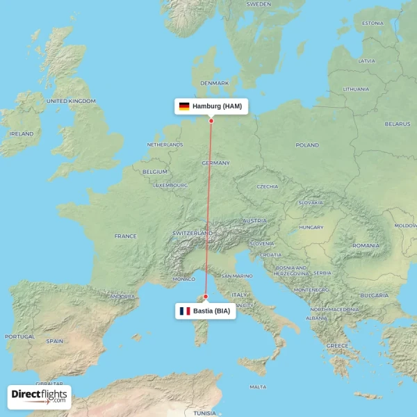 Bastia - Hamburg direct flight map