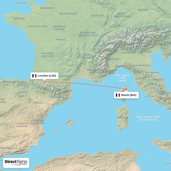 Bastia - Lourdes direct flight map