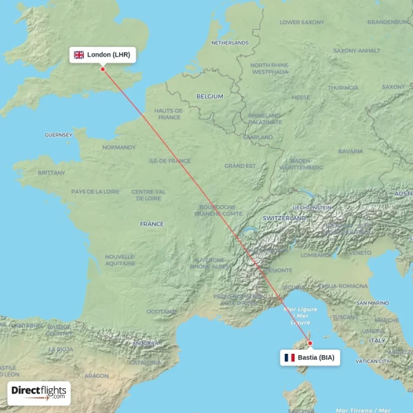 Bastia - London direct flight map