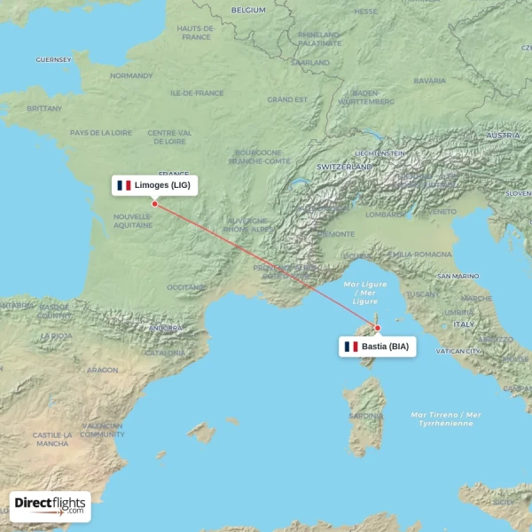 Bastia - Limoges direct flight map