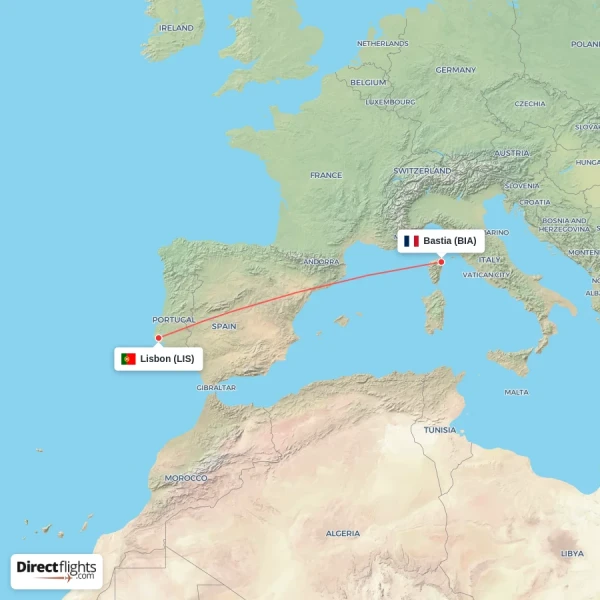 Bastia - Lisbon direct flight map