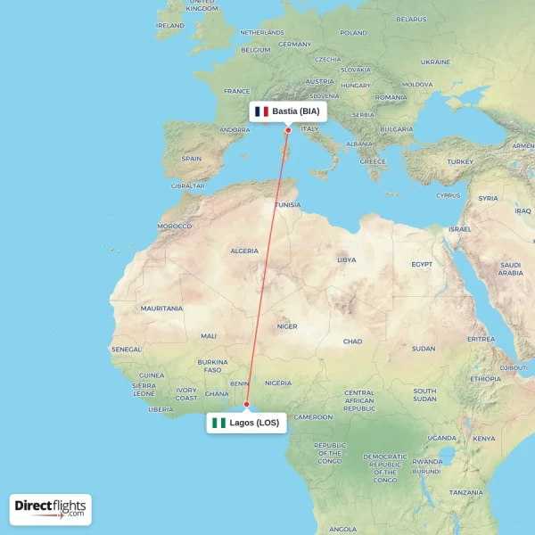 Bastia - Lagos direct flight map