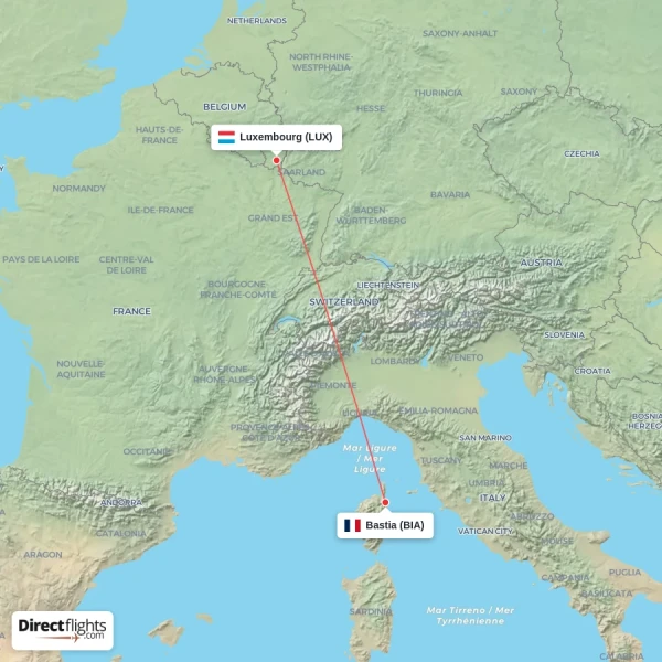 Bastia - Luxembourg direct flight map