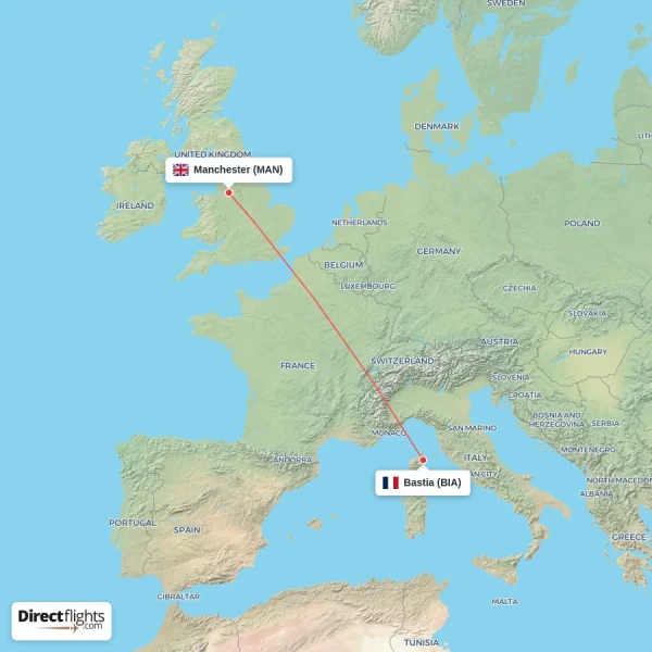 Bastia - Manchester direct flight map