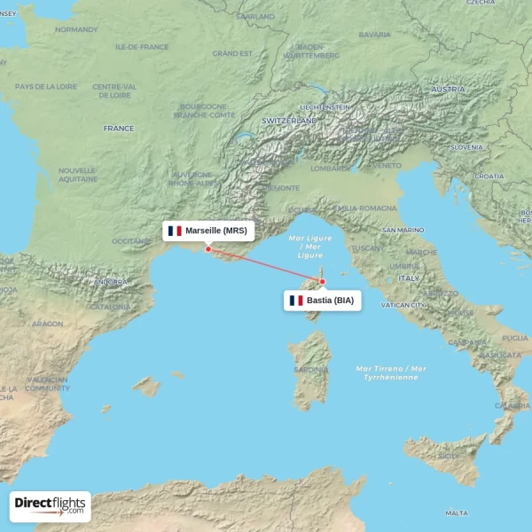 Bastia - Marseille direct flight map