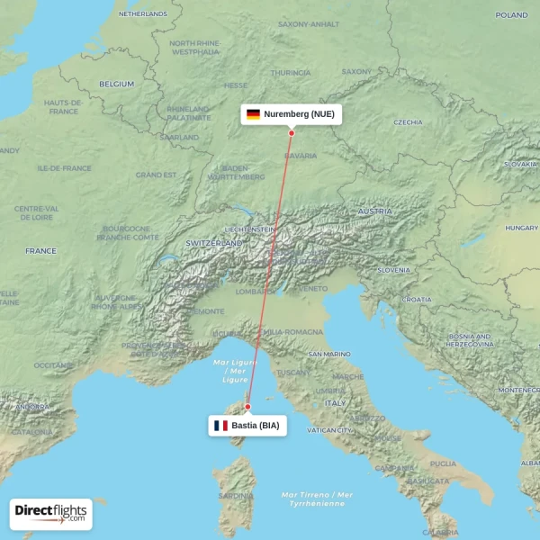 Bastia - Nuremberg direct flight map