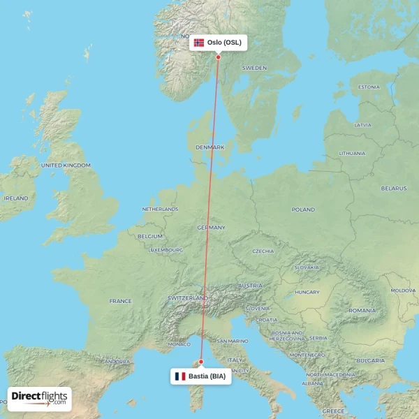 Bastia - Oslo direct flight map
