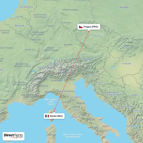 Bastia - Prague direct flight map