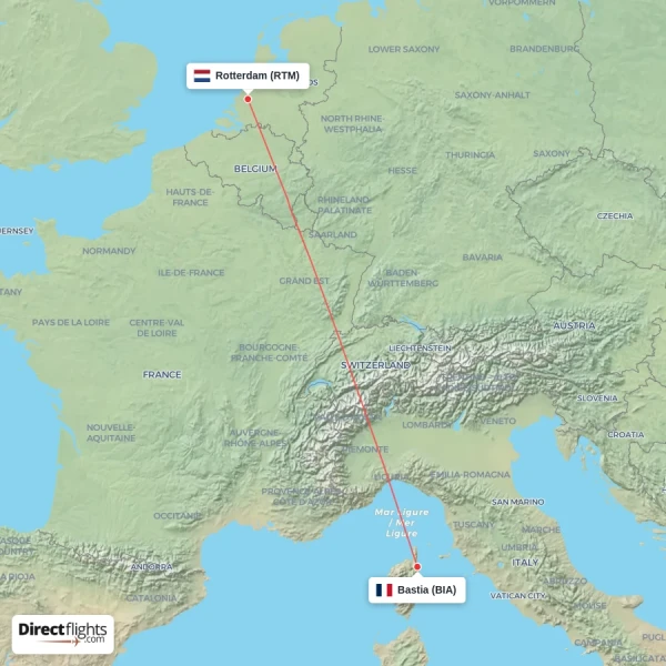 Bastia - Rotterdam direct flight map