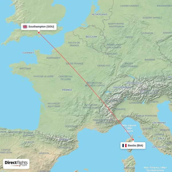 Bastia - Southampton direct flight map