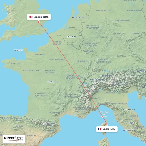Bastia - London direct flight map