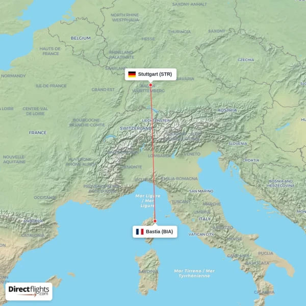 Bastia - Stuttgart direct flight map