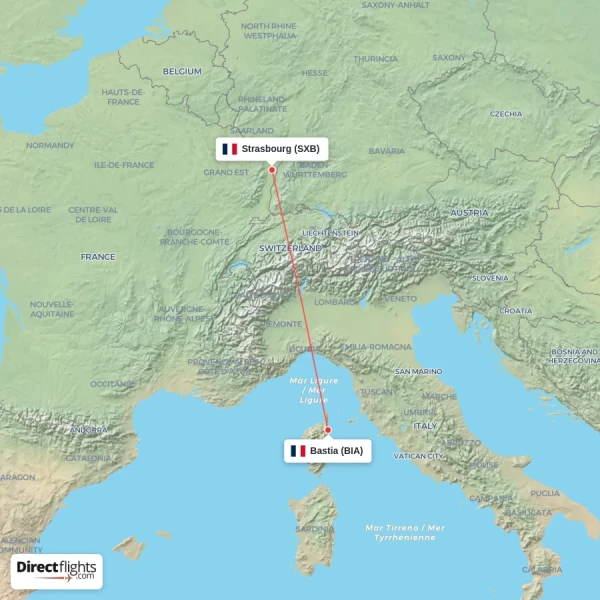Bastia - Strasbourg direct flight map