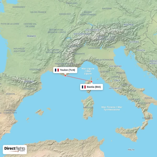 Bastia - Toulon direct flight map