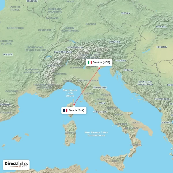 Bastia - Venice direct flight map