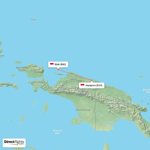 Biak - Jayapura direct flight map
