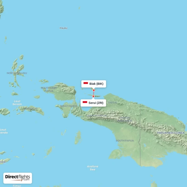Biak - Serui direct flight map