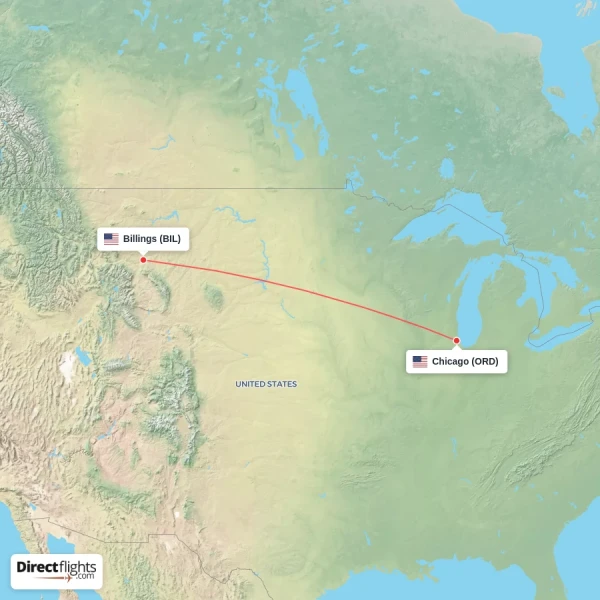 Billings - Chicago direct flight map