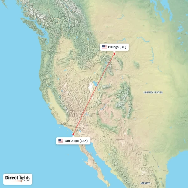 Billings - San Diego direct flight map