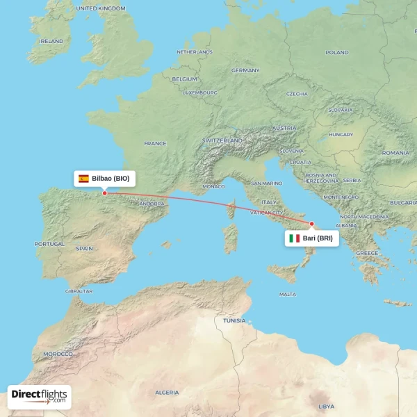 Bilbao - Bari direct flight map
